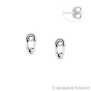 Baby Diaper Safety Pin Charm Stud Earrings in Oxidized .925 Sterling Silver